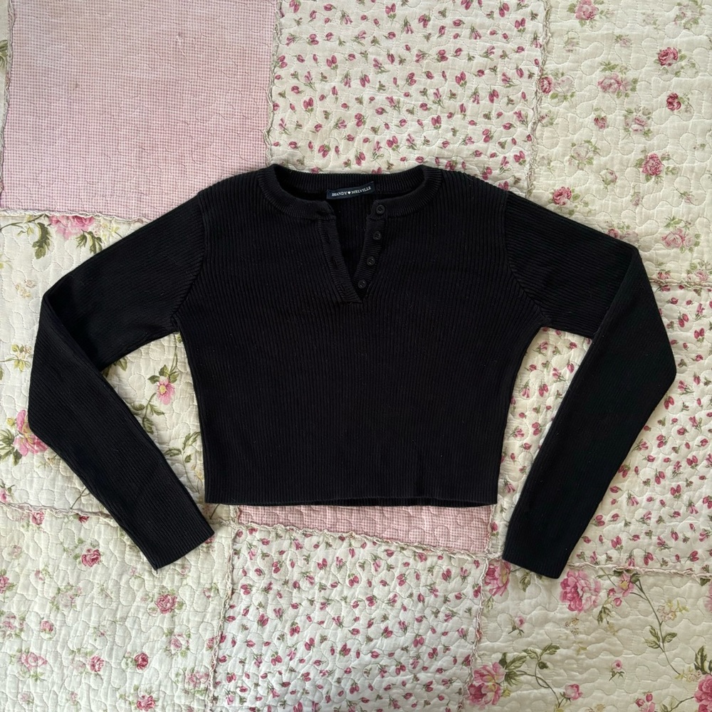 Brandy Melville/John Galt Black Henley Long Sleeve Crop Top